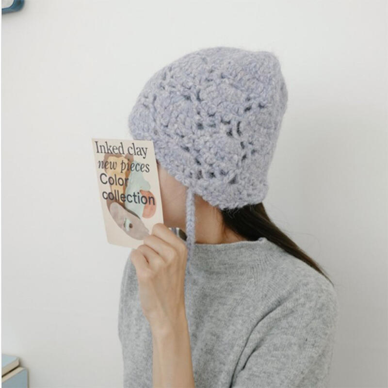 Women s Pastel Bocashi Boucle Fur Knit Chin Strap Hat Purple