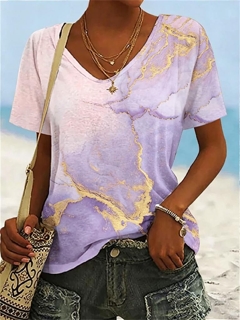 Women's Gradient Marble Print V-Neck T-Shirt, Casual Short Sleeve Tops, Modern Abstract Daily Wear for Spring & Summer