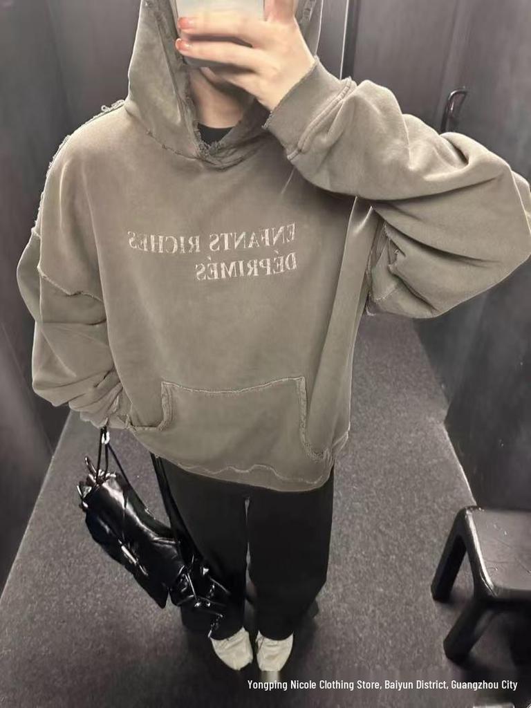 ERD Distressed Second Gen Letter Print Hooded Sweatshirt