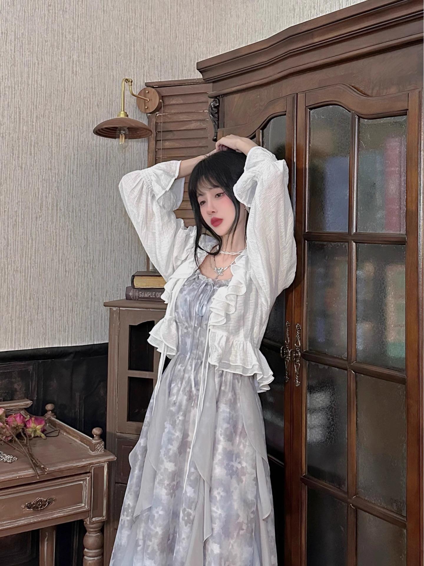 

2026 Misty Rain Ink-Dye Gray Spaghetti Strap Dress & Summer Cardigan Set M