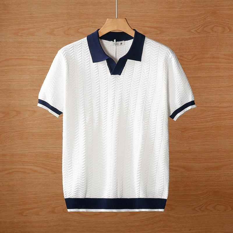 Sommermode Kontrastfarbe Gestricktes Poloshirt Herren Lässig Umlegekragen Strickoberteile Herren Vintage Kurzarm Pullover