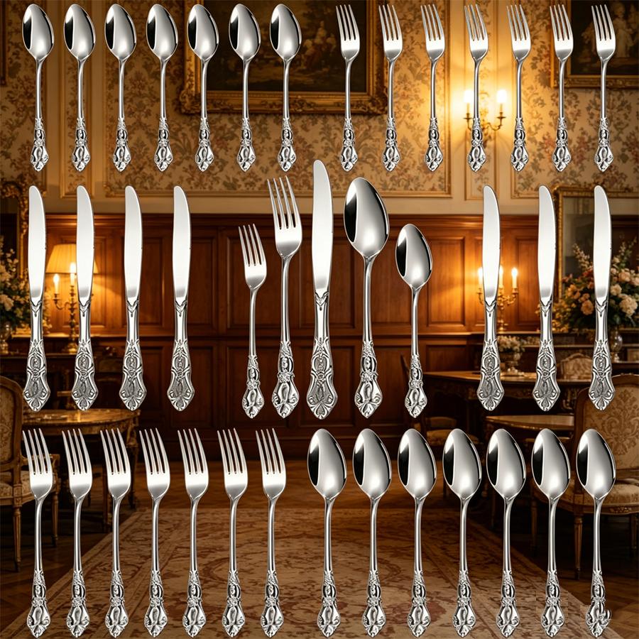40pcs Elegant Silver Cutlery Set Features Stainless Steel Openwork Handles and Includes Forks, Spoons, and Knives. Perfect for W