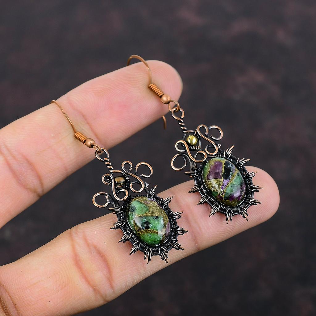 Copper Ruby Zoisite Earring Copper Wire Wrapped Earrings Designer Earring Original Gemstone Jewelry Handmade Earring Copper Jewelry For Gift
