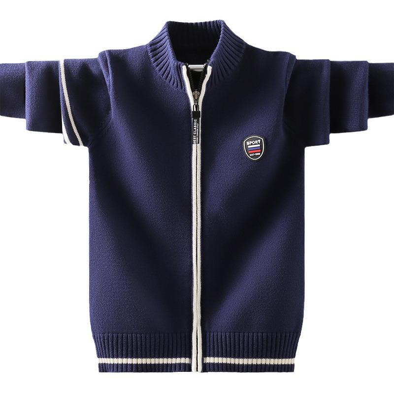 Boys' & Girls' Zip-Up Baseball Jacket, Fleece-Lined Knitted Cardigan for Kids, Spring/Autumn Style