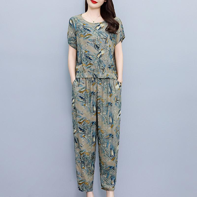 Plus Size Two Piece Sets Female Loose Elegant Pants and Blouse Set