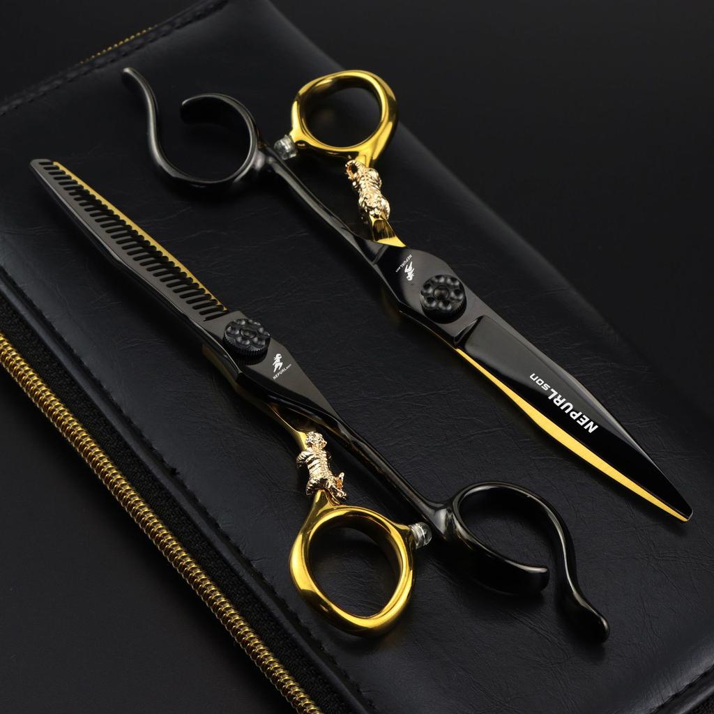 Black 6.0 Inch Nimpson Black Steel Small Golden Tiger, Bearing Screw Hair Scissors, Hair Scissors, Tooth Scissors, Thin Scissors