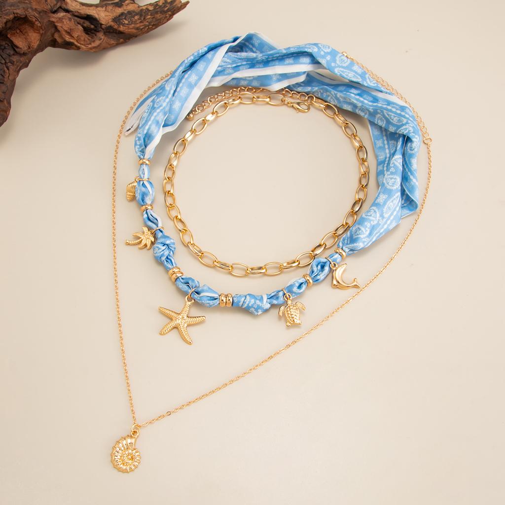 Ocean Style Sea Star Conch Pendant Necklace Sweet Cool Style Geometric Splicing Clavicle Chain