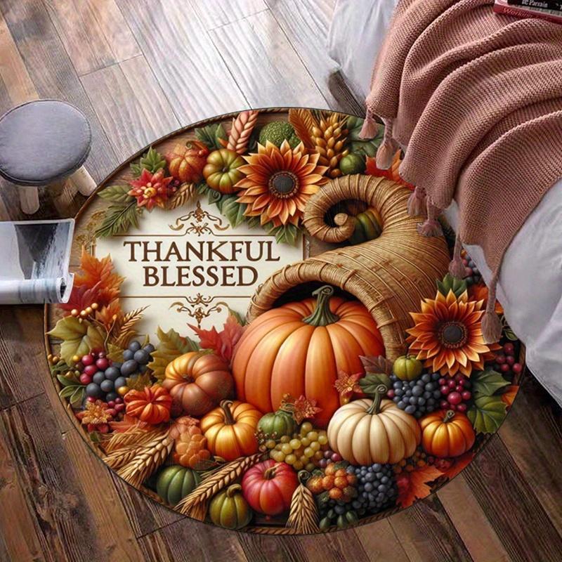 Thankful blessed cornucopia harvest pumpkin round rug crystal velvet autumn Thanksgiving decor home flooring 60cm x 60cm