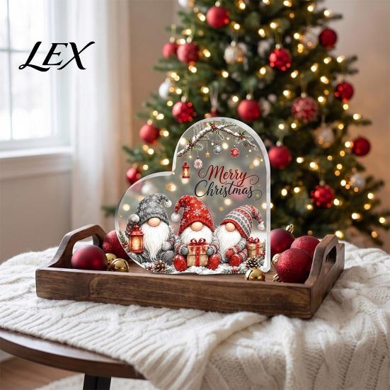 Gnome Holiday Table Decorations Heart Shaped Acrylic Christmas Tabletop Decor, 2D Flat Festive Home Accents Centerpiece with Love Design, Room