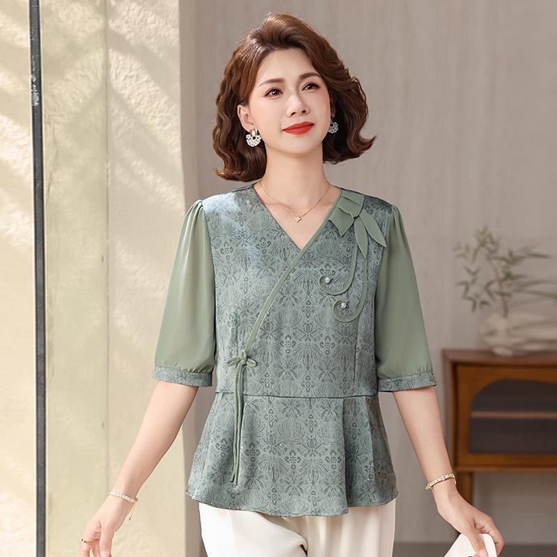 

Chiffon Blouse for Women 50+, Chinese National Style, Short-Sleeved Summer Top for Middle-Aged & Elderly Women 3XL [suggested 115-130 jin] зелёный