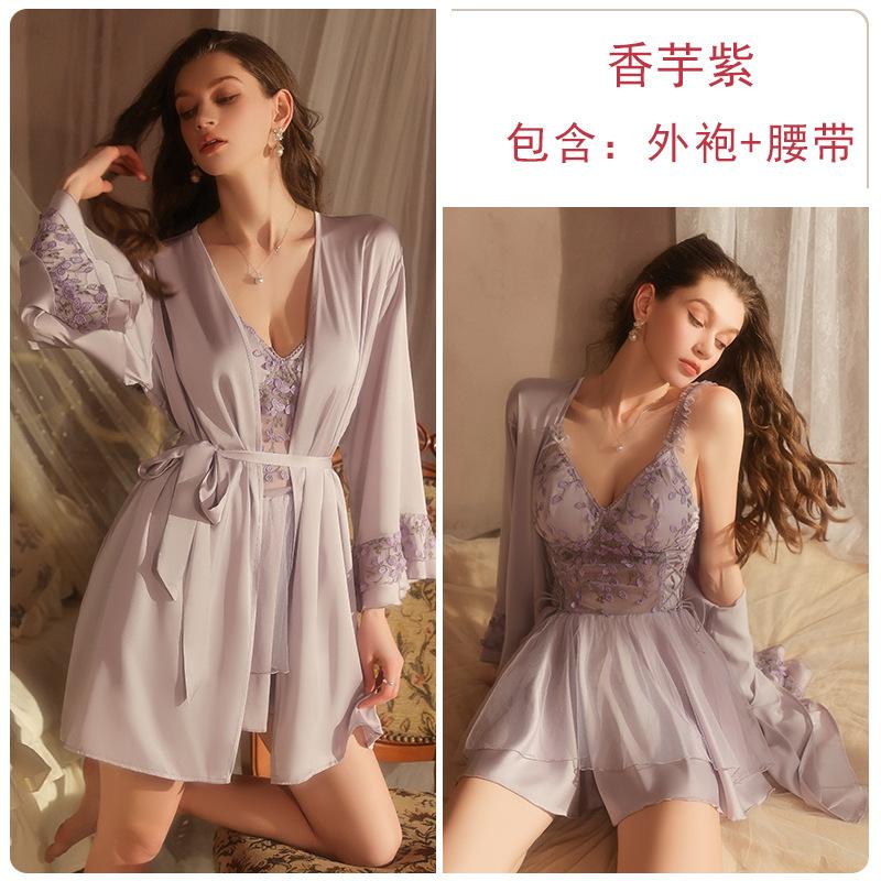 

Sexy deep V plus chest pad underwear pure desire seduction lace smooth satin nightdress robe set M one size fits all