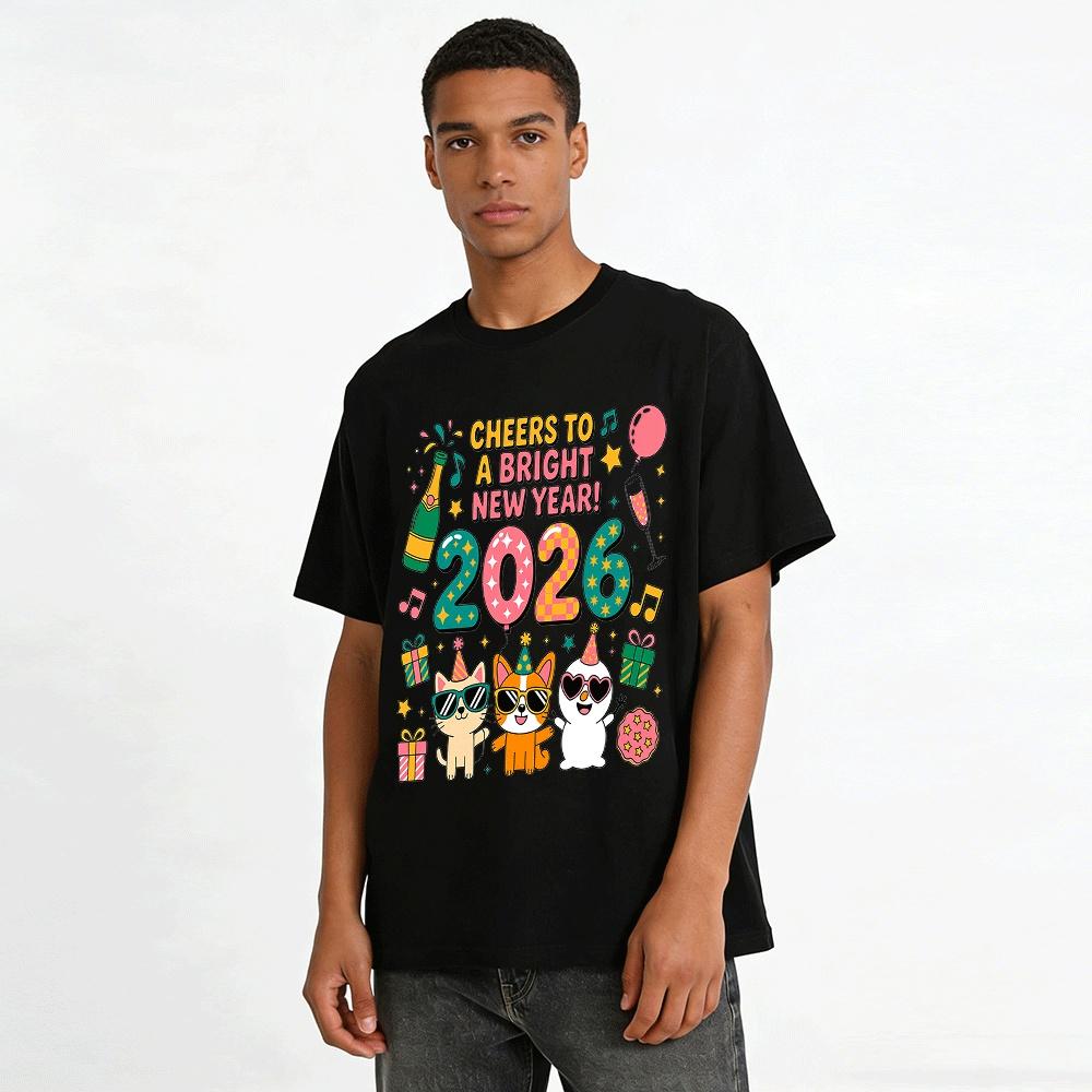 Cheers To 2026 Bright New Year Cartoon Animal Print Top Pure Cotton T-shirt