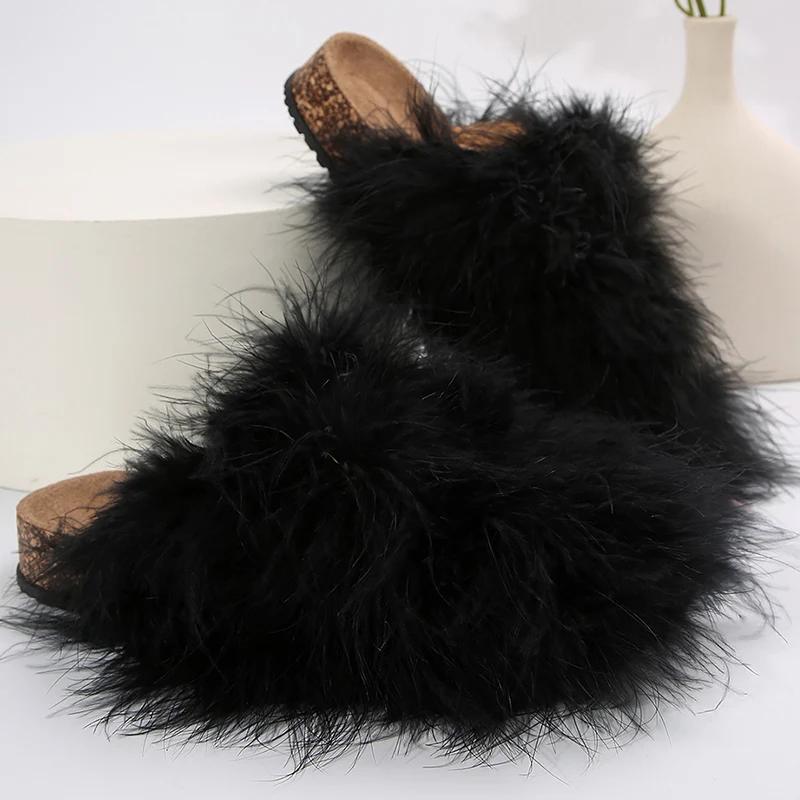Fashion Korean Faux Fur Cotton Slippers for Women Slip On Round Toe Fur Slippers Woman Winter Non Slip Solid Color Plush Slides Female