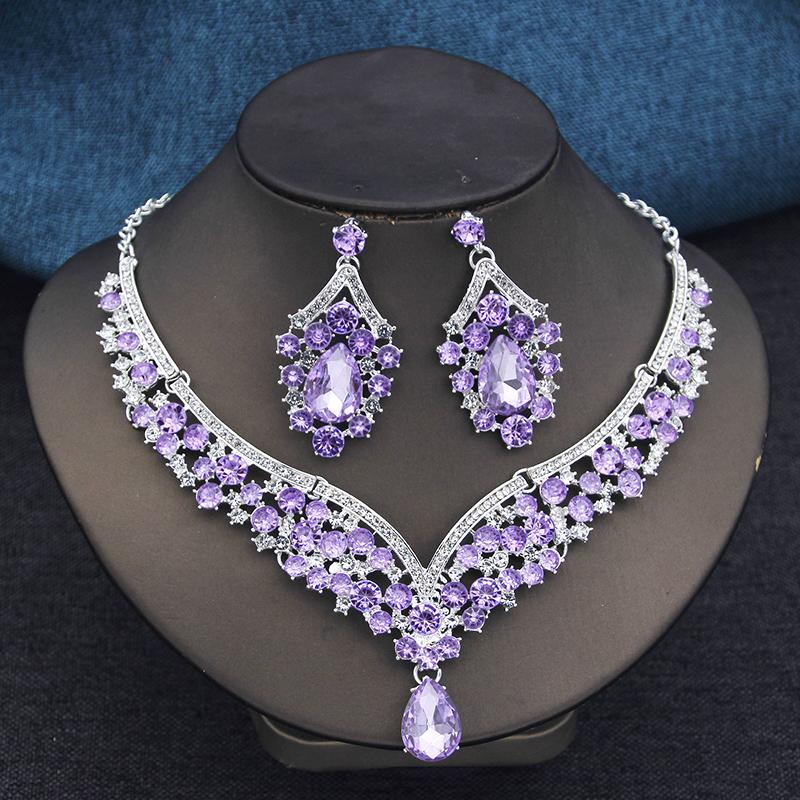 Elegant 2pcs Rhinestone Crystal Choker Necklace Sets for Women Fashion Jewelry Sets Bridal Wedding Dubai Necklace Earrings Set