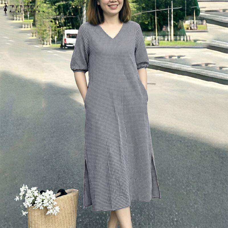 ZANZEA Women Grid Print Casual V-Neck Loose Half Sleeve Dress