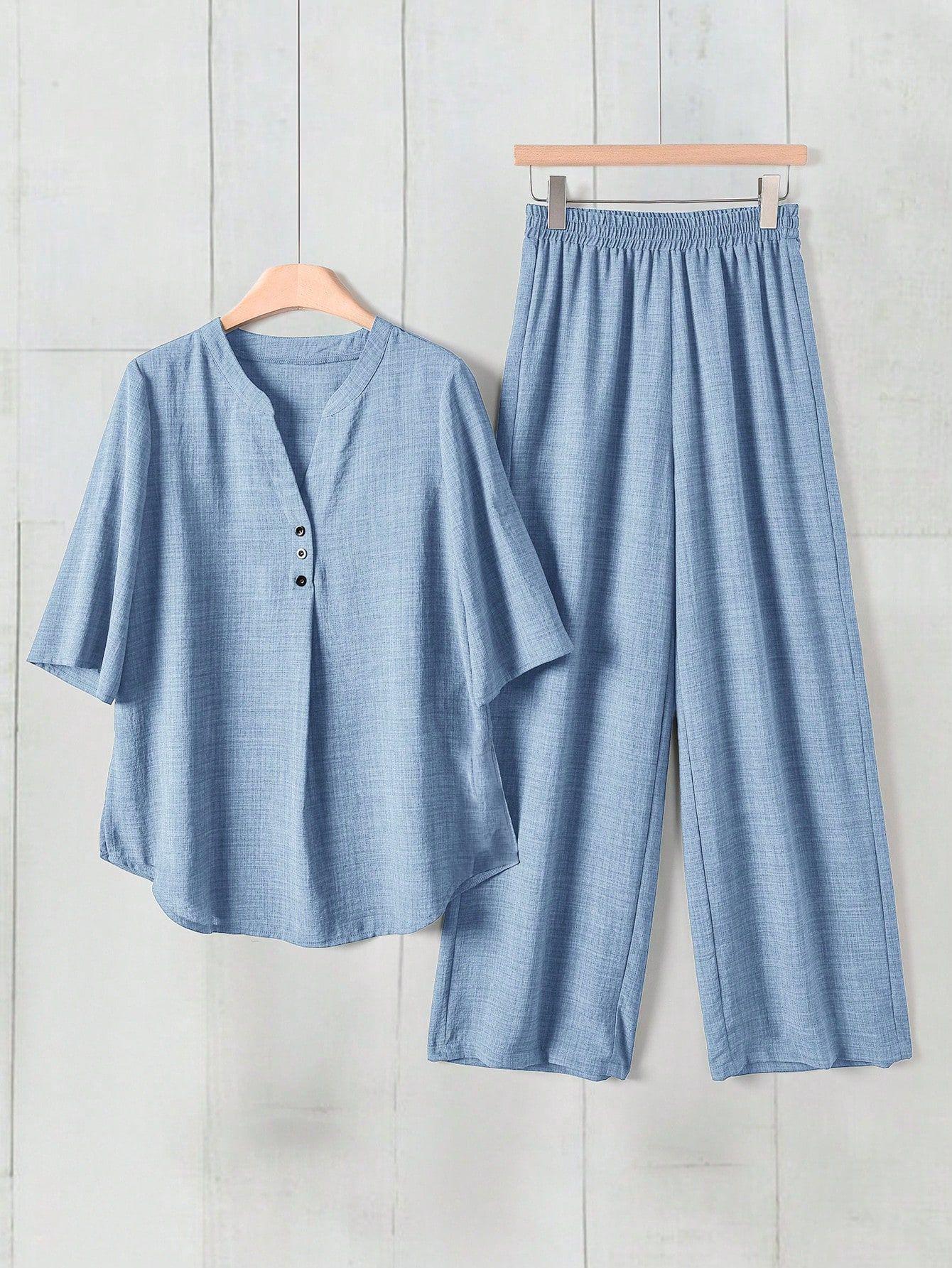 

2026 Trendy Plus Size Loose Casual Two-piece Set: V-neck Short Sleeve Top & Long Pants 3XL