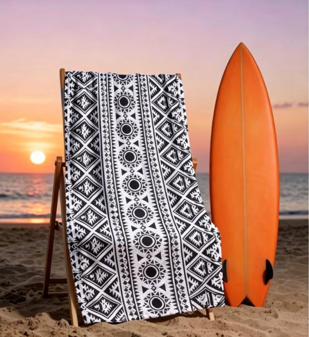 Large Microfiber Beach Towel, Black & White Aztec Geometric Print, Sand Free & Quick Dry, for Boho Summer Beach & Pool Use