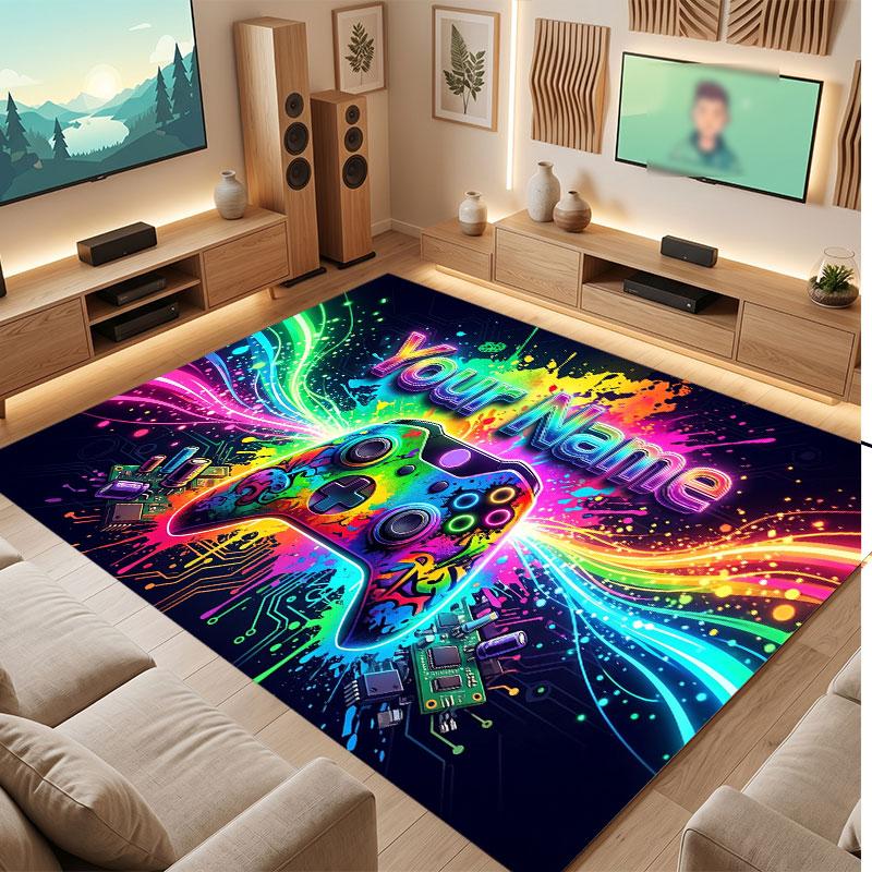 Game Controller Theme Crystal Velvet Floor Rug Personalized Custom Name Text Warm Carpet Home Decoration