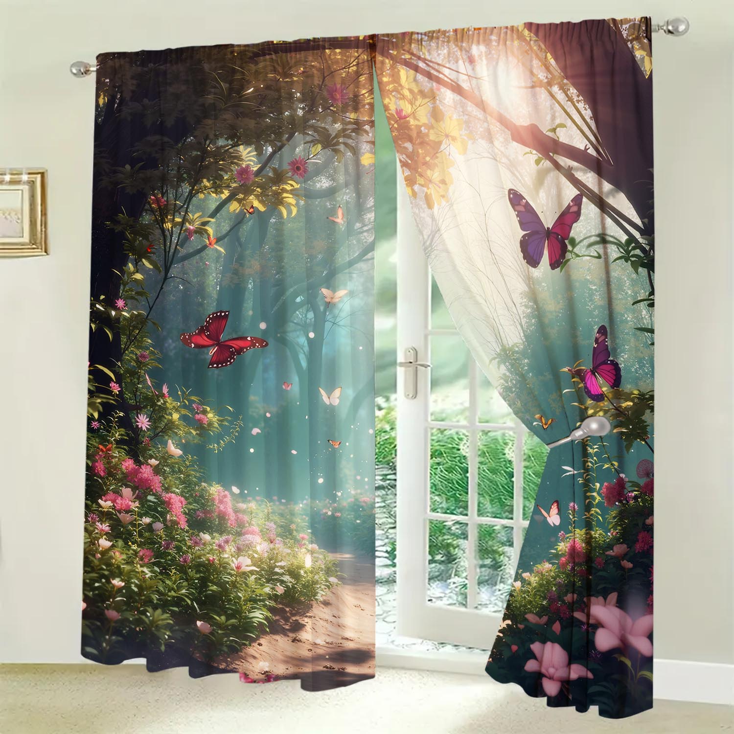 

Piece Forest Butterfly Pattern Curtains Dreamy Healing Sunshade Privacy Protecting Pole Style Curtain Polyester W100*H70(CM)-Hooks&1PCS