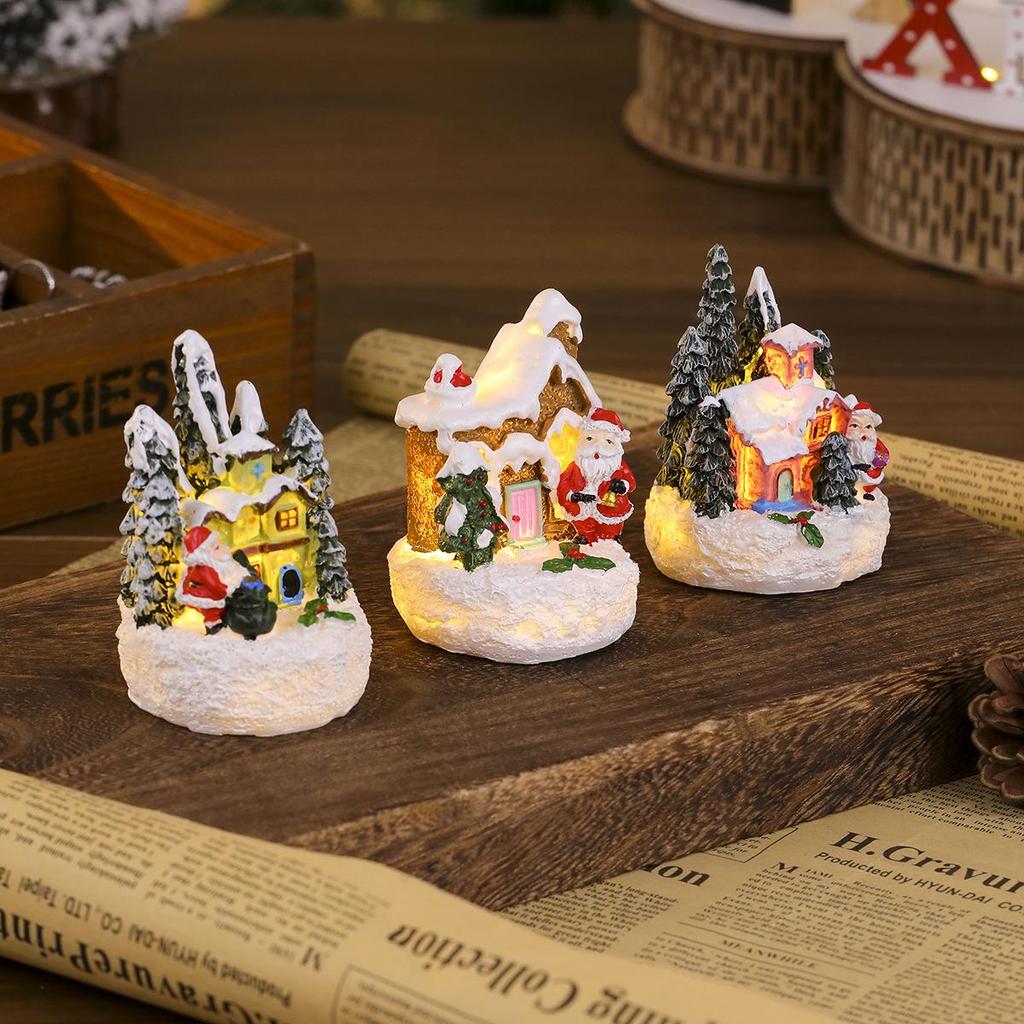 Glowing Resin Christmas House with Santa & Snowman Ornament