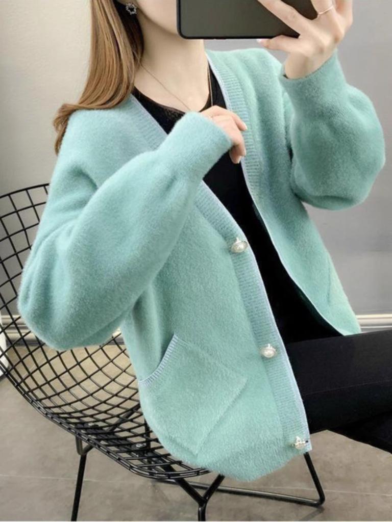 Autumn and Winter Solid Color Knitted Women's Imitation Mink Fleece Cardigan Sweater Women's New Thickened Loose Coat Top