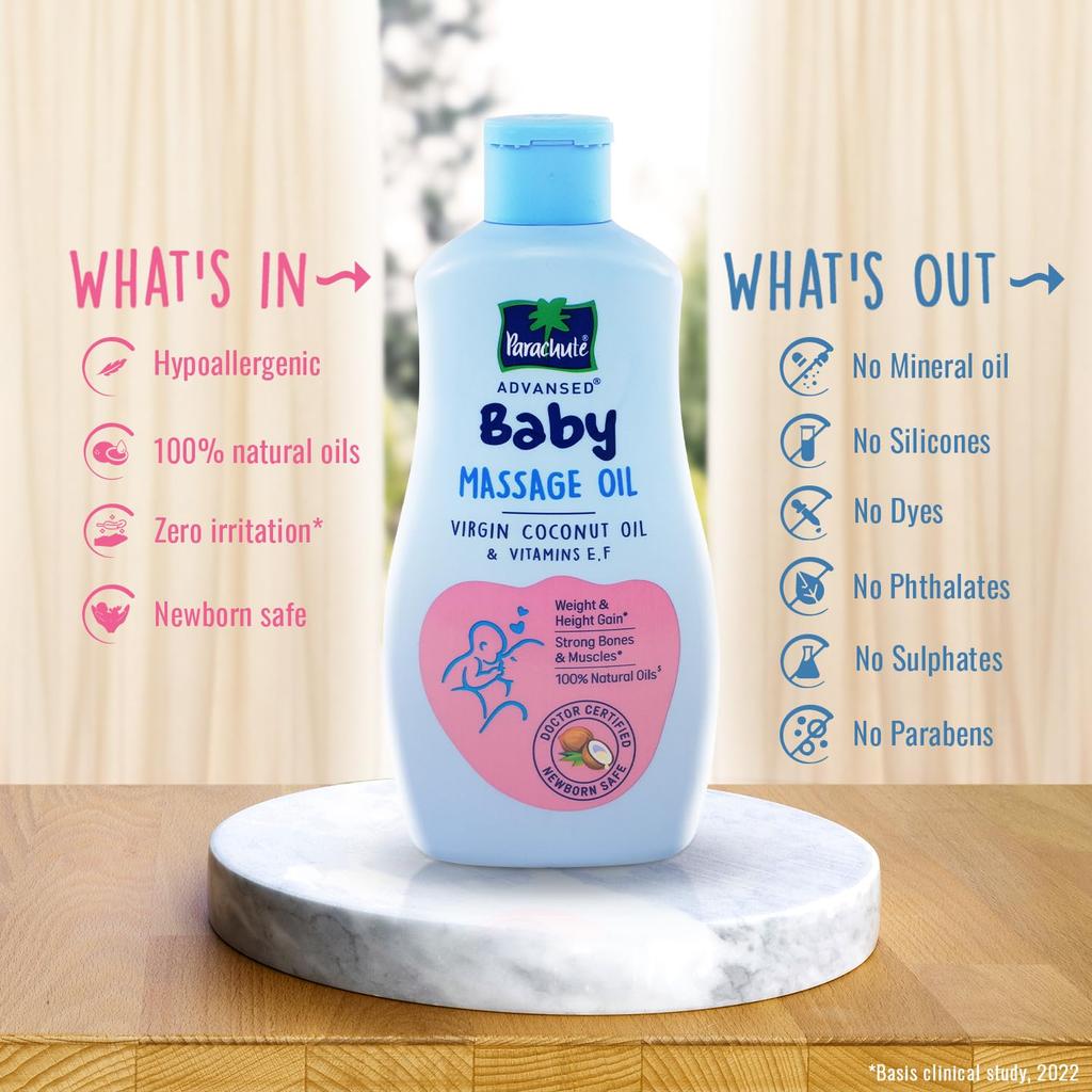 PARACHUTE Huile de Massage pour Bébé 200ml | Huile de Coco Vierge avec Vitamine E & F | Nourriture Profonde | Cliniquement Prouvé pour une Croissance Forte & l'Hydratation