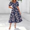 Women's Summer Short Sleeve Round Neck Waistband Bohemian Flowy Layered Maxi Dress With Pockets