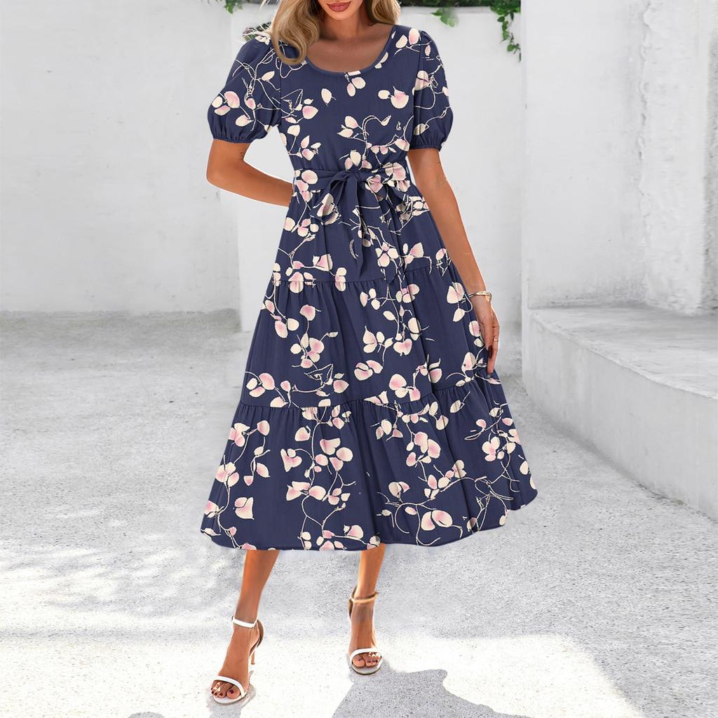 Women's Summer Short Sleeve Round Neck Waistband Bohemian Flowy Layered Maxi Dress With Pockets