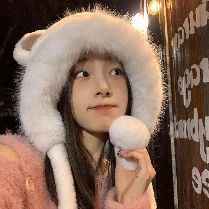 Cute bear ears hat scarf integrated women's winter versatile thickened warm hooded plush scarf tide