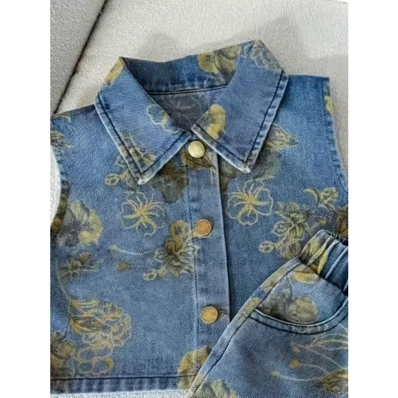 Girls' Stylish Summer Floral Print Faux Denim Set with Metal Button Lapel Top + Flower Faux Denim Skirt, Thin Fit Two-Piece Outfit for Kids