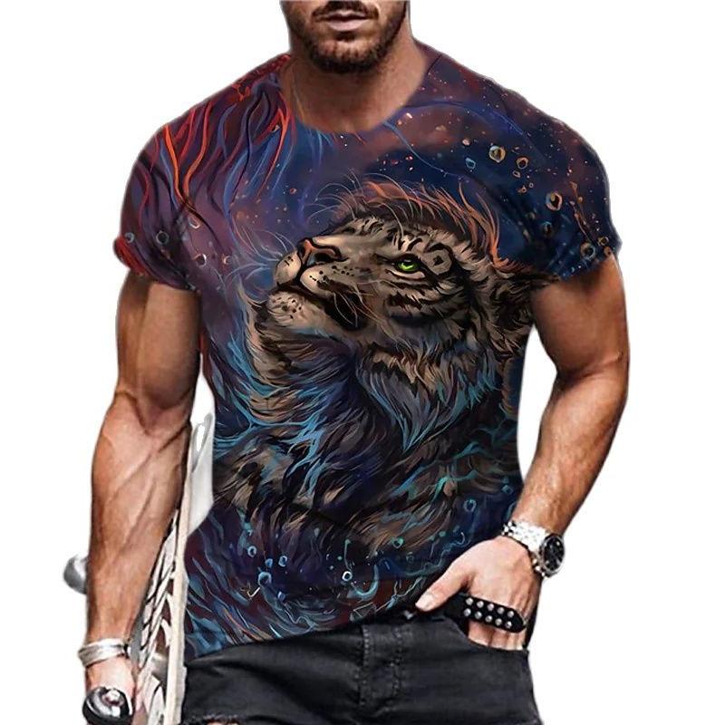 Mens Lion Head Crew Neck Animal Pattern Tee Soft Comfortable Slight Stretch Short Sleeve Regular Fit for Pajamas Everyday Wear