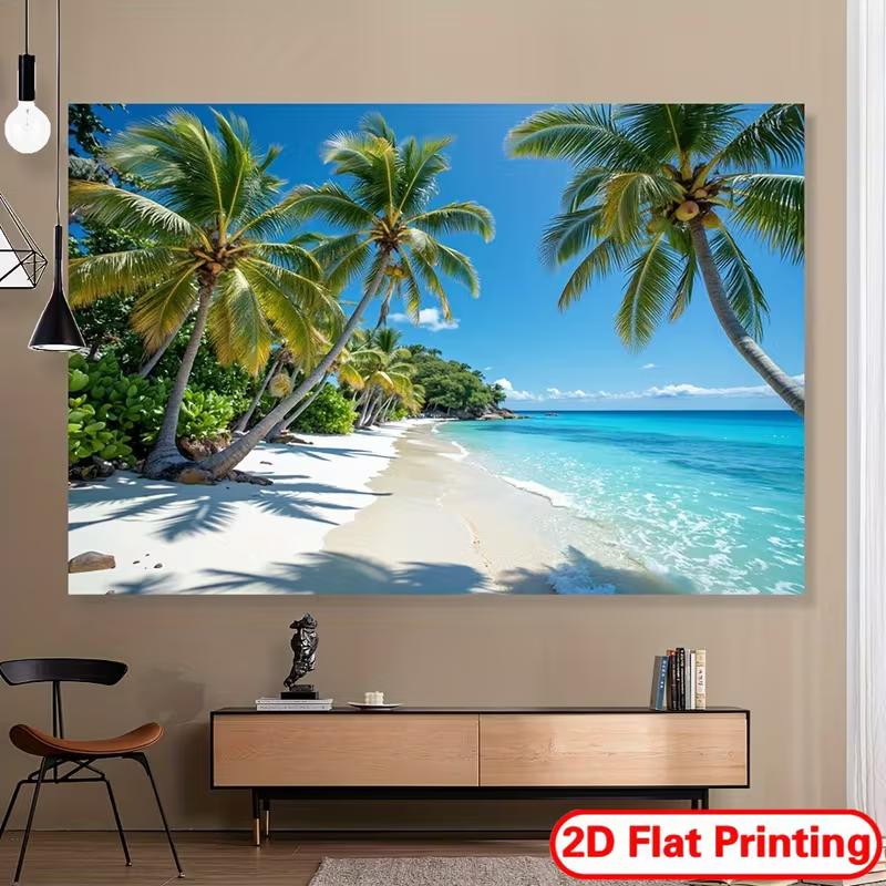2D Exotic Island Tapestry, Palm Trees and Crystal Blue Ocean Beach Scenery Wall Hanging