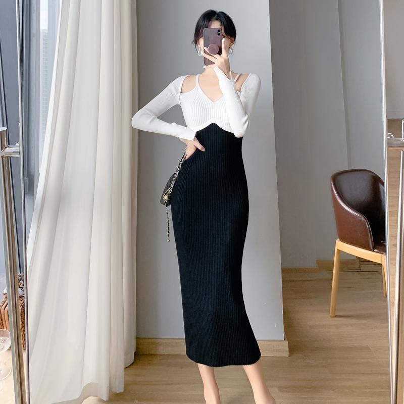 Французское винтажное хип-хоп трикотажное длинное платье женское осенне-зимнее элегантное — фото 10