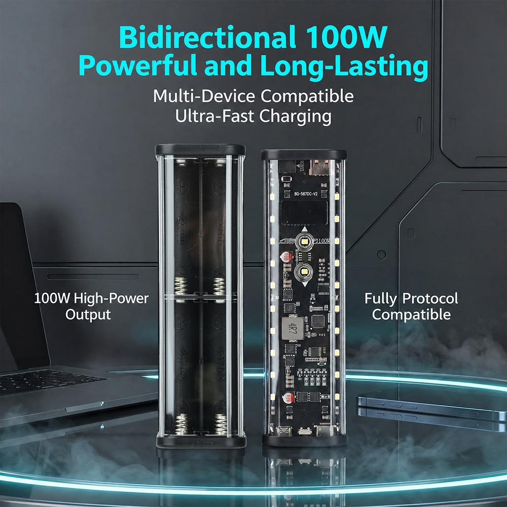 PD100W Super Fast Charging Power Bank Case with Transparent Case 21700 Battery Holder Adjustable DC Voltage for Multiple Devices