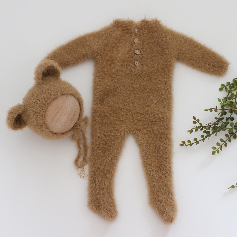 New Newborn Photography Clothing, Baby Soft Knitted Bear Onesie + Hat Two-piece Set