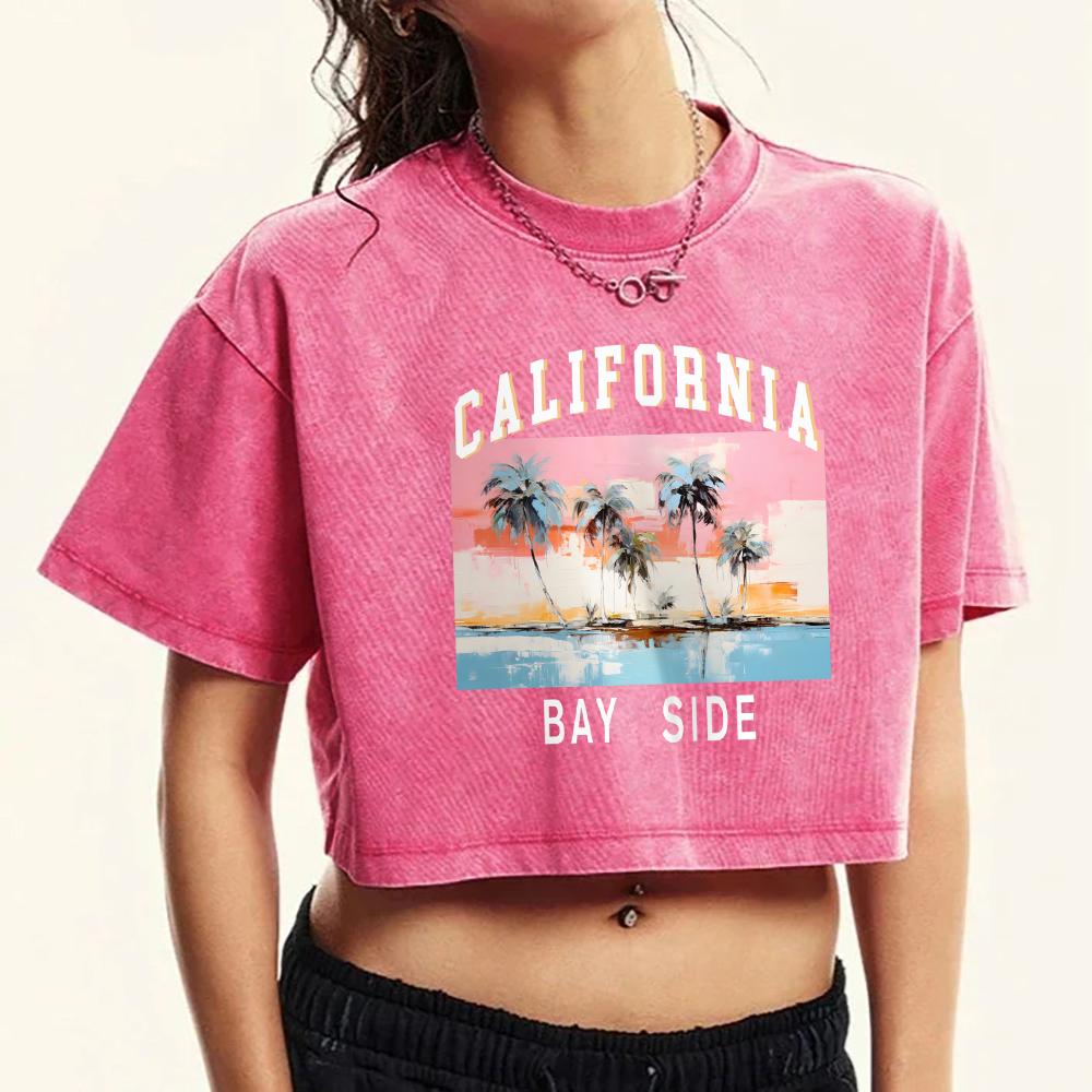 California Bay Side Beautiful Print Washed T-Shirt Women Cotton Comfortable T Shirt Cool Short Sleeve O-Neck Retro Top