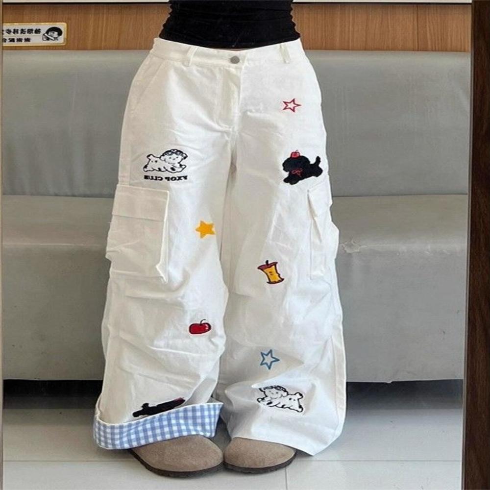 women s High Waisted Cartoon Dog Embroidered White Cargo Pants Loose Wide Leg Casual Trousers S белый
