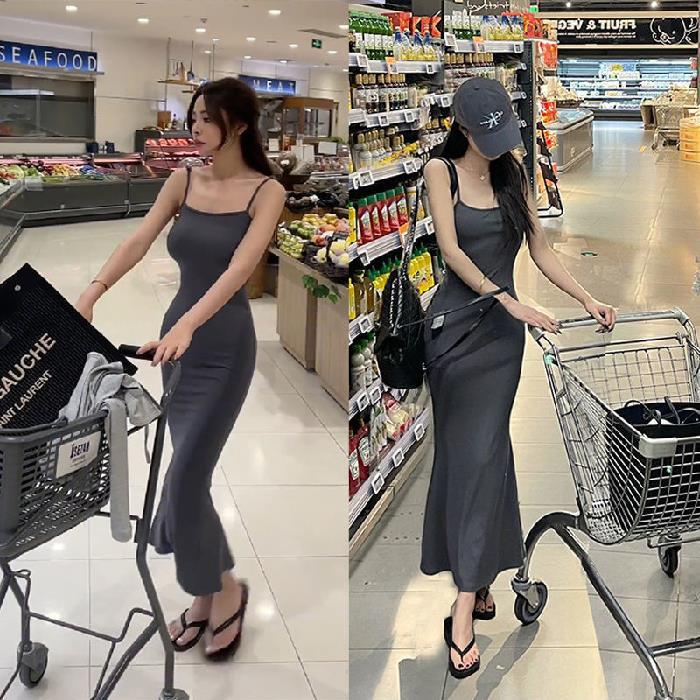 Women's Spaghetti Strap Sleeveless Mermaid Dress Slim Fit High Waist Sweet Fresh Bodycon Maxi Dress Solid Polyester Summer Casual Outfit