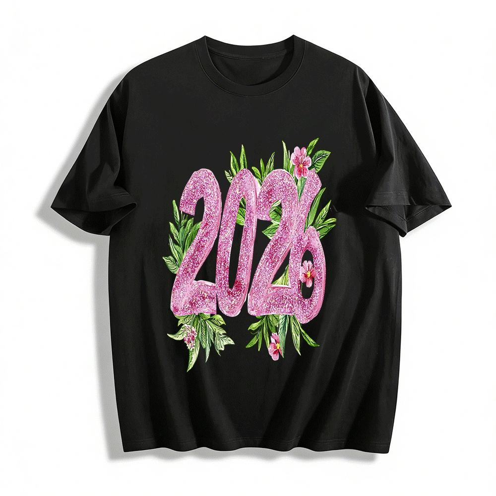 2026 New Year Glitter Number Floral Print Casual Top Pure cotton T-shirt XXS