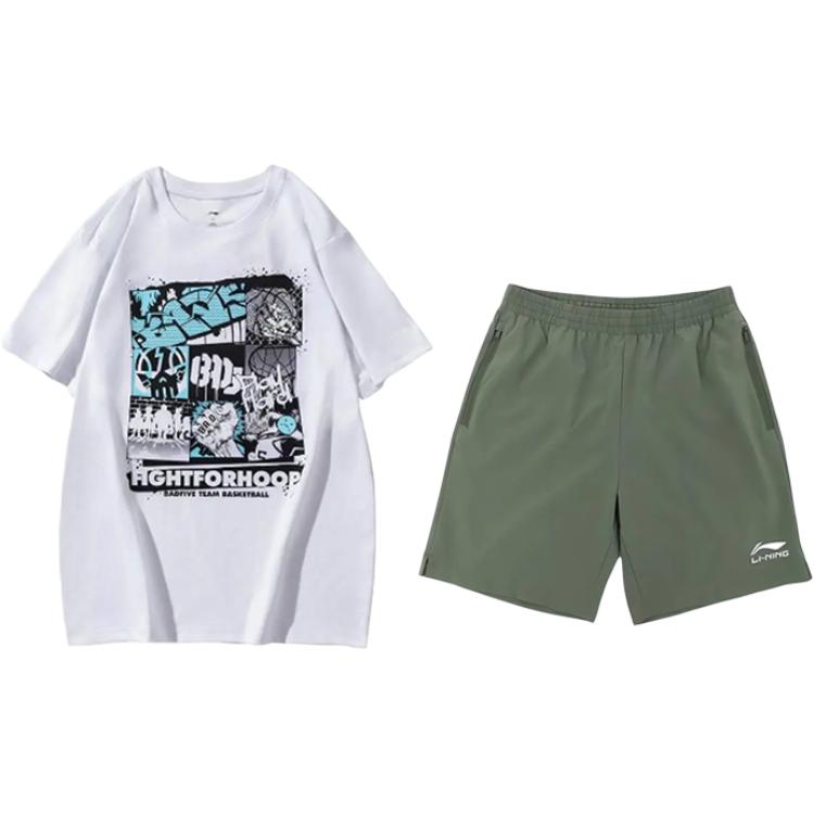 

Li-Ning Round Neck Pullover Basketball Print Fashion Loose Versatile Casual Sports Suit Unisex suit AHSUA27-1+YKSV147-1 S
