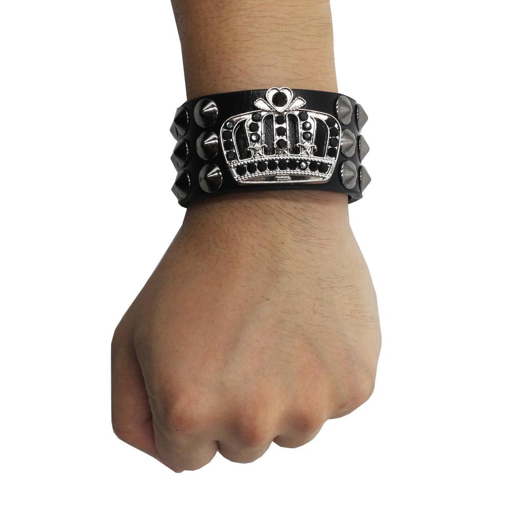 European & American Punk Leather Bracelet with Exaggerated Rivets & Crown Design