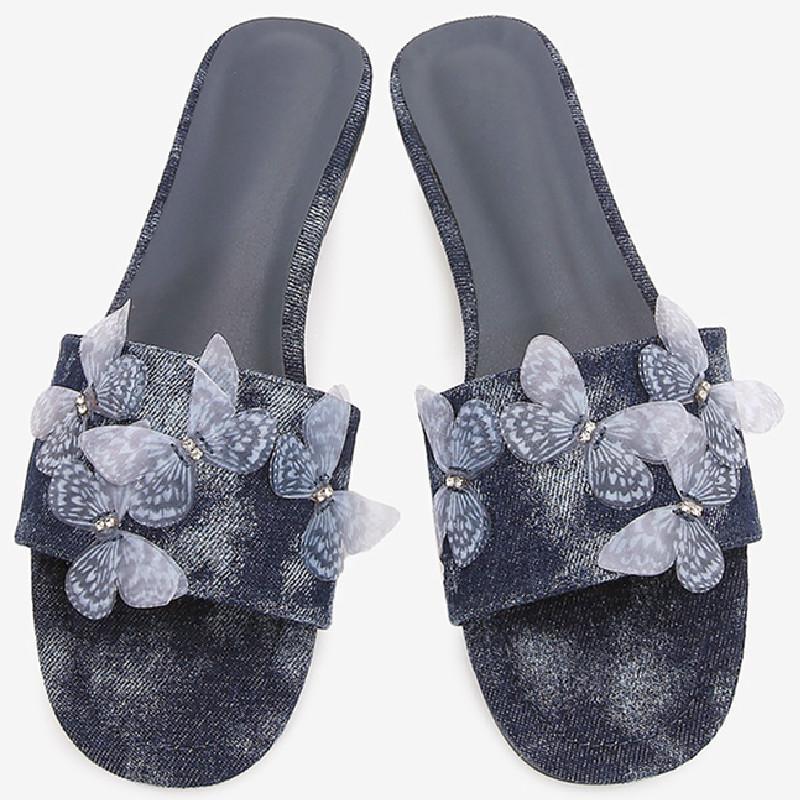 Fashion Denim Butterfly Decoration Flat Sandal Round Toe Open Toe Designer Slippers Summer Fashion Comfortable Big Size Beach Women Shoe