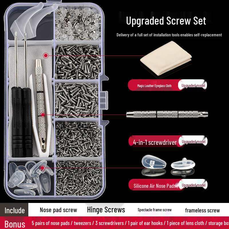 Eyeglass Repair Kit: Screwdriver Set, Nail Cutter, Nose Pads, Frameless Accessories