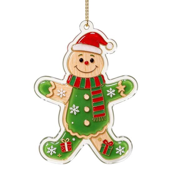 Stained Glass Style Decor Green Elf Christmas Ornament, 2D Acrylic Red Bell Tree Candy Cane Gift Box Xmas Hanging Charms Shaped Double Sided