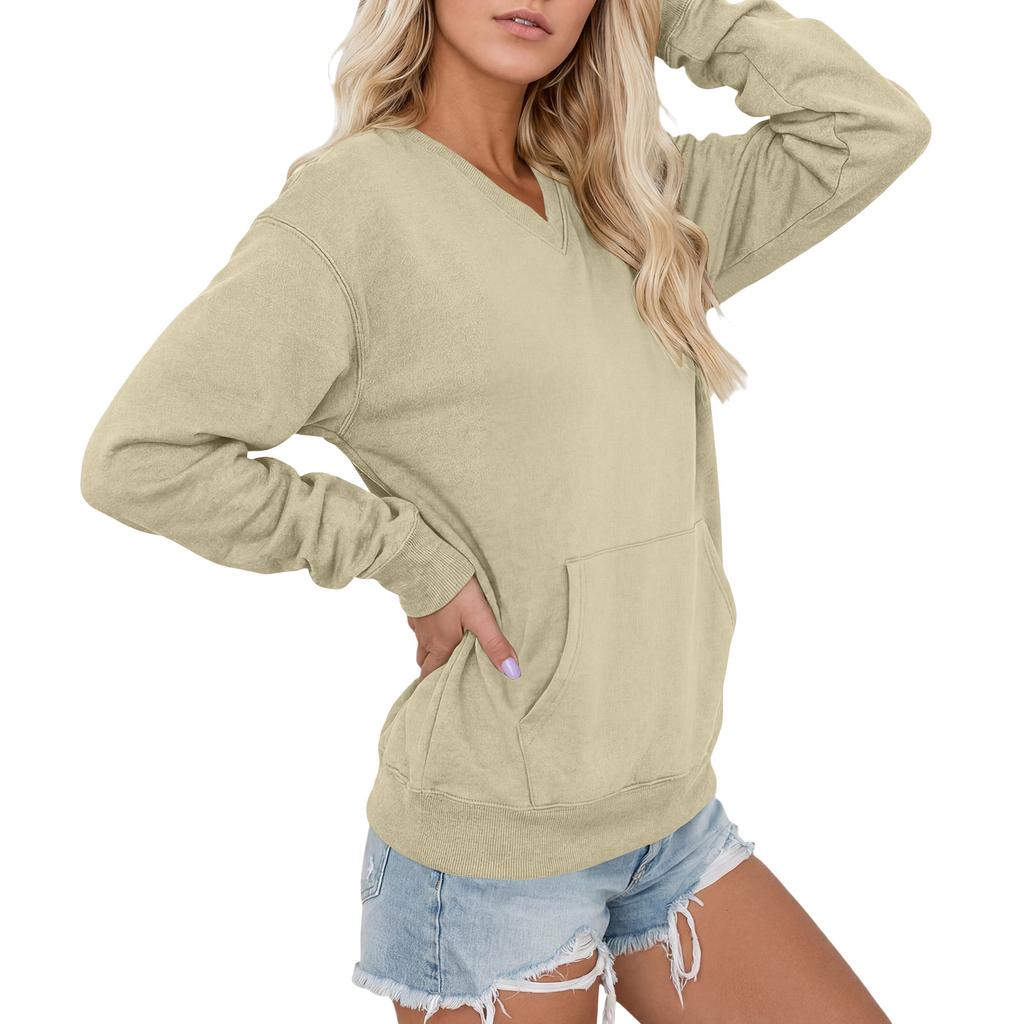 Women's V-Neck Long Sleeve Loose Fit Pullover Sweatshirt with Pocket
