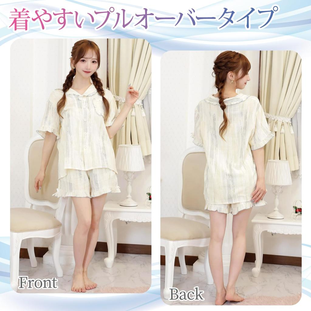 RAVIR Cotton Double Gauze Short Sleeve Shirt and Shorts Easy to Put On and Take Size XL Women's 100% Pajamas, Set, Breathable, Moisture-Wicking,