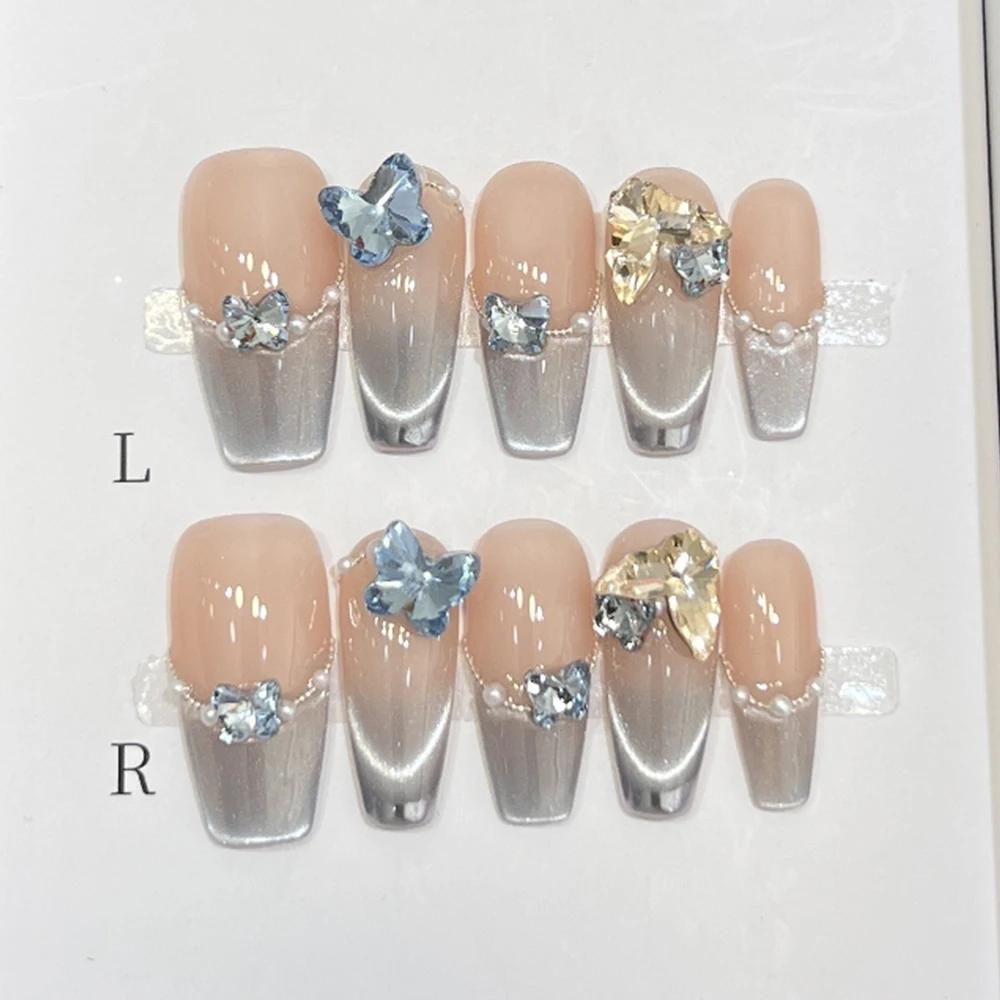 10Pcs Handmade French Gradient Cat Eye Press On Nails With 3D Butterfly Diamond Flowers Long Coffin Almond Shape