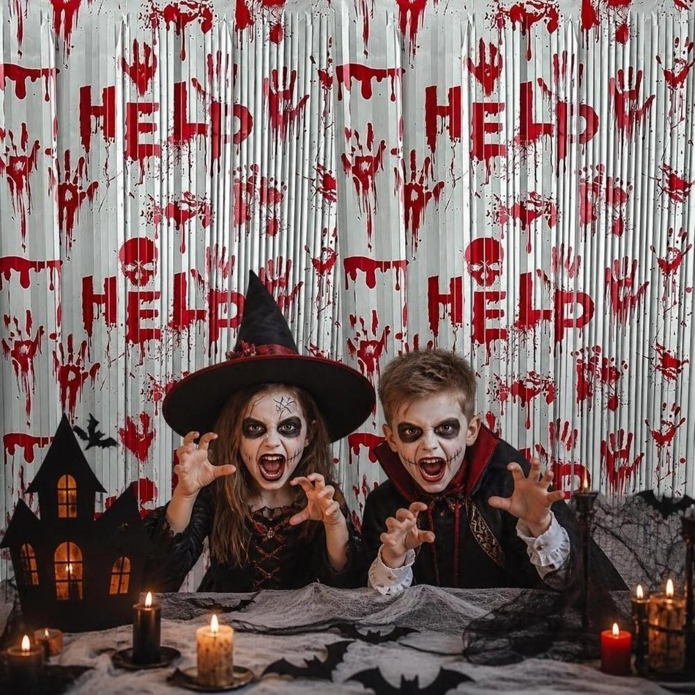 Bloody Handprint Halloween Tinsel Curtain 2M Scary Background Wall Tassel Ghost Festival Decor
