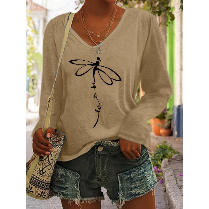 Women's V-Neck Long-Sleeve T-Shirt - Layering Basic with Medium-Stretch Fabric, Opaque Casual Blouse for Spring Summer Fall,