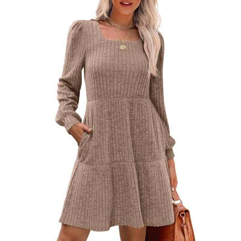 Robe trapèze à manches longues et col rond pour femme avec poche